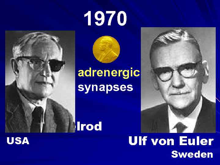 1970 adrenergic synapses Julius Axelrod USA Ulf von Euler Sweden 