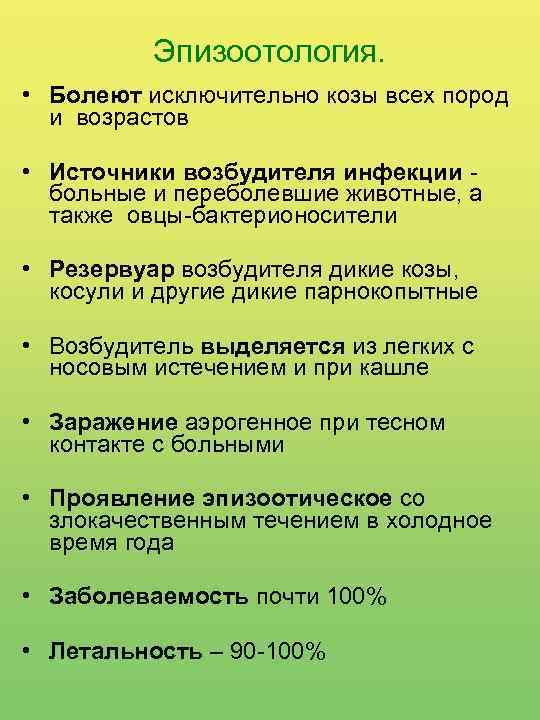 Эпизоотология. • Болеют исключительно козы всех пород и возрастов • Источники возбудителя инфекции больные