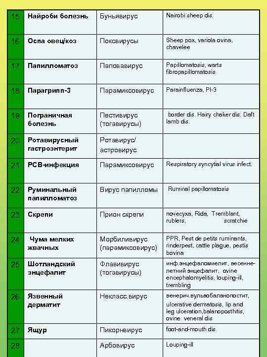 15 Найроби болезнь Буньявирус Nairobi sheep dis. 16 Оспа овец/коз Поксвирусы Sheep pox, variola