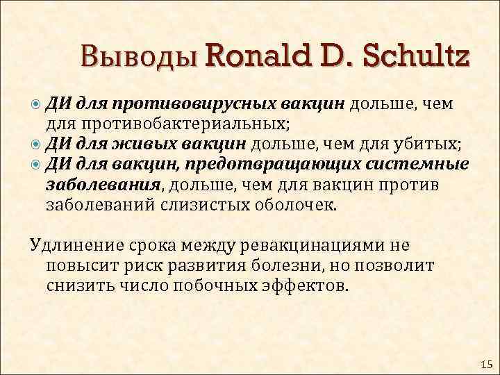Выводы Ronald D. Schultz ДИ для противовирусных вакцин дольше, чем для противобактериальных; ДИ для