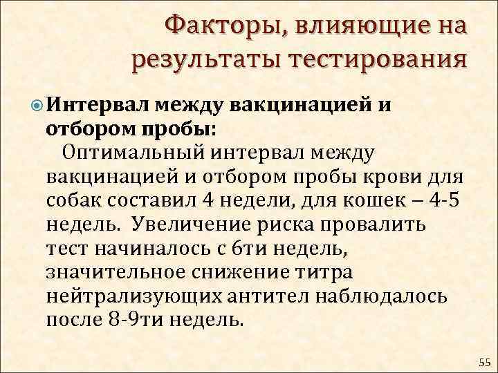 Факторы, влияющие на результаты тестирования Интервал между вакцинацией и отбором пробы: Оптимальный интервал между