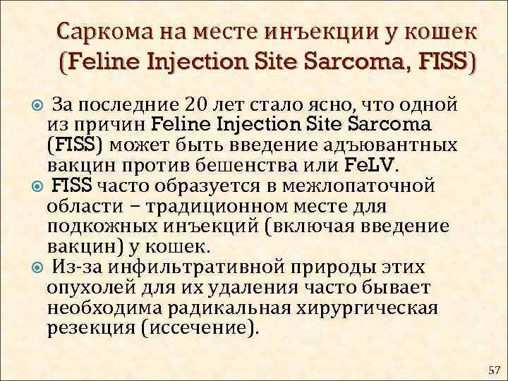 Саркома на месте инъекции у кошек (Feline Injection Site Sarcoma, FISS) За последние 20