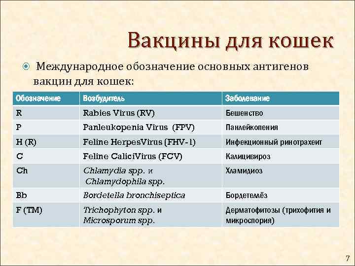 Вакцины для кошек Международное обозначение основных антигенов вакцин для кошек: Обозначение Возбудитель Заболевание R