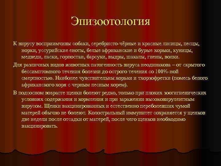 Эпизоотология К вирусу восприимчивы собаки, серебристо-чёрные и красные лисицы, песцы, норки, уссурийские еноты, белые