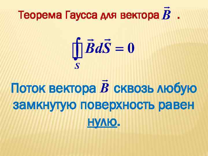 Теорема Гаусса для вектора . Поток вектора сквозь любую замкнутую поверхность равен нулю. 