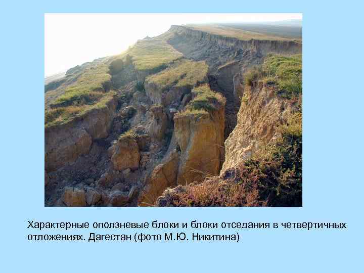 Характерные оползневые блоки и блоки отседания в четвертичных отложениях. Дагестан (фото М. Ю. Никитина)