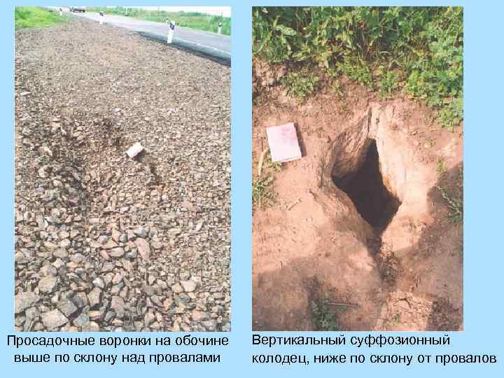 Просадочные воронки на обочине выше по склону над провалами Вертикальный суффозионный колодец, ниже по