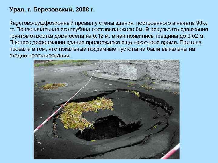 Урал, г. Березовский, 2008 г. Карстово-суффозионный провал у стены здания, построенного в начале 90