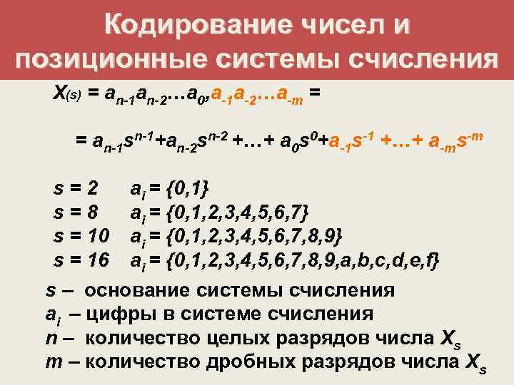 Кодирование чисел и позиционные системы счисления X(s) = an-1 an-2…a 0, a-1 a-2…a-m =