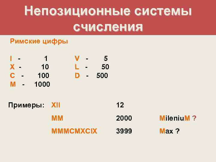 Непозиционные системы счисления Римские цифры I X C M - 1 10 1000 V