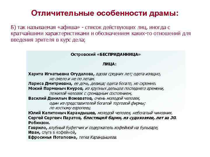 Отличительные особенности драмы: Б) так называемая «афиша» - список действующих лиц, иногда с кратчайшими