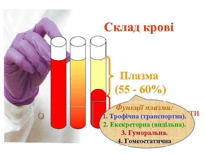 Склад крові Плазма (55 - 60%) Функції плазми: Формені елементи 1. Трофічна (транспортна). 2.