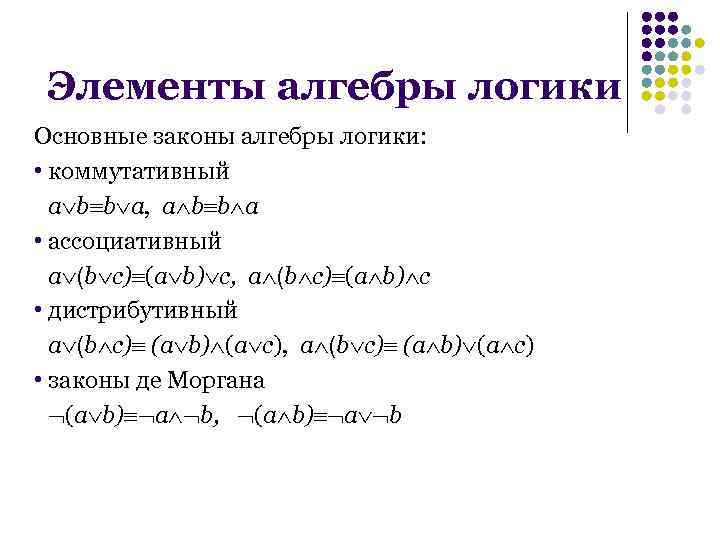 Элементы алгебры логики Основные законы алгебры логики: • коммутативный a b b a, a