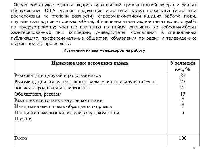 Опрос работников отделов кадров организаций промышленной сферы и сферы обслуживания США выявил следующие источники