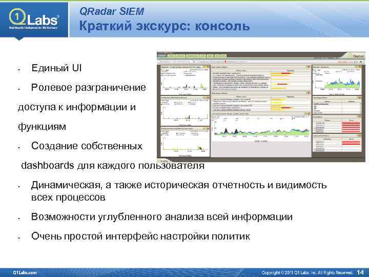 QRadar SIEM Краткий экскурс: консоль • Единый UI • Ролевое разграничение доступа к информации