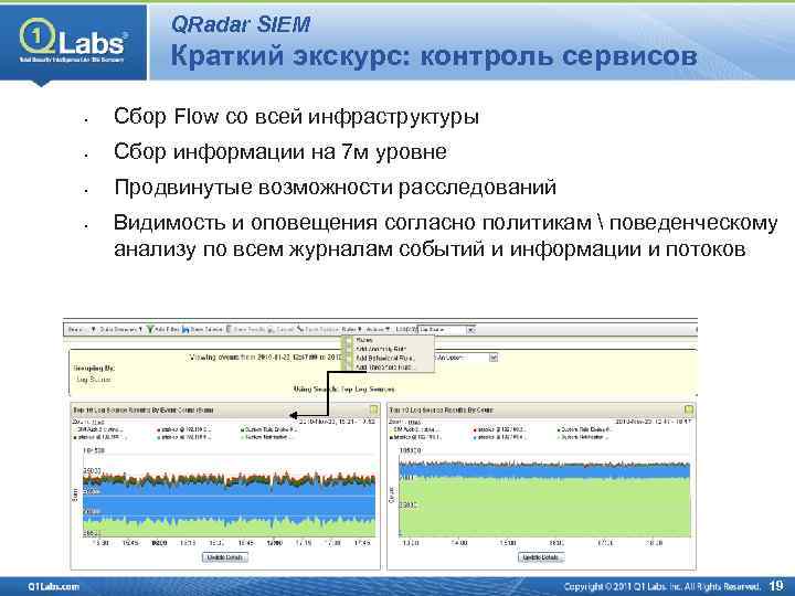 QRadar SIEM Краткий экскурс: контроль сервисов • Сбор Flow со всей инфраструктуры • Сбор