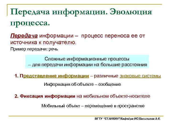 Передача информации. Эволюция процесса. Передача информации – процесс переноса ее от источника к получателю.