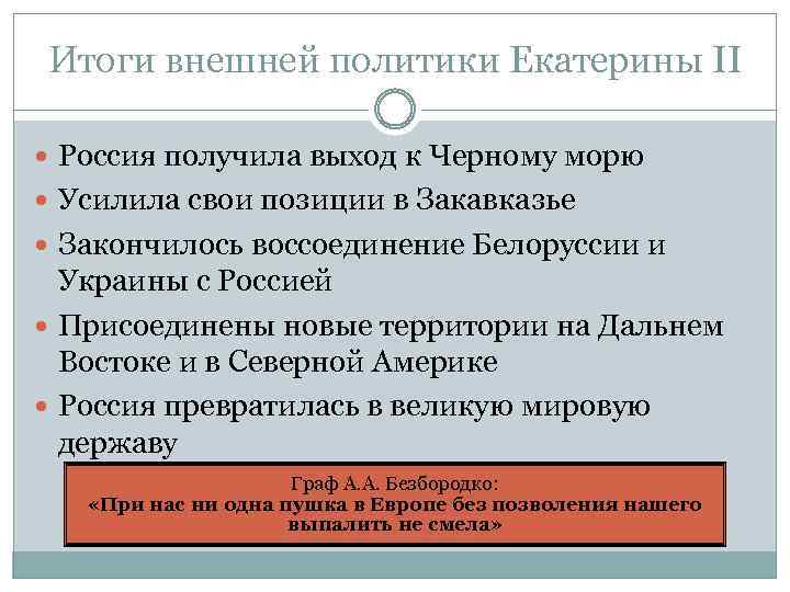 Итоги внешней политики Екатерины II Россия получила выход к Черному морю Усилила свои позиции