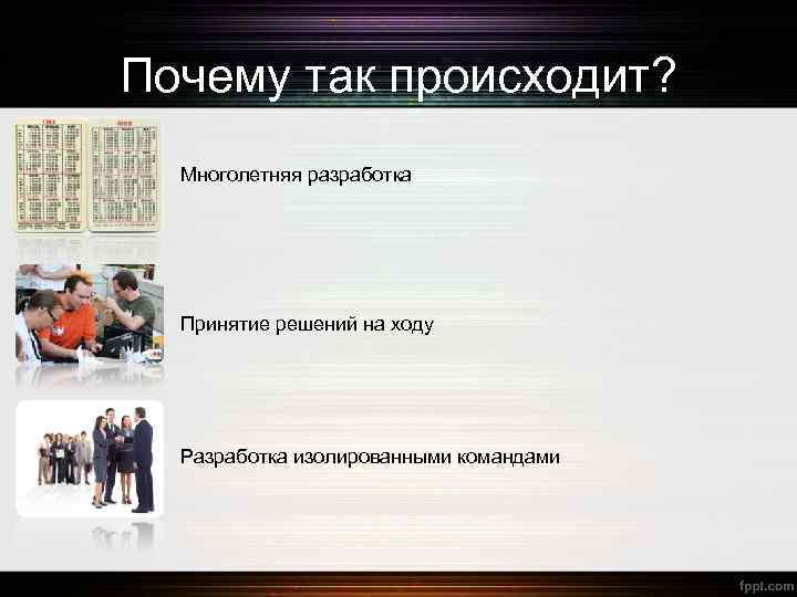 Почему так происходит? Многолетняя разработка Принятие решений на ходу Разработка изолированными командами 