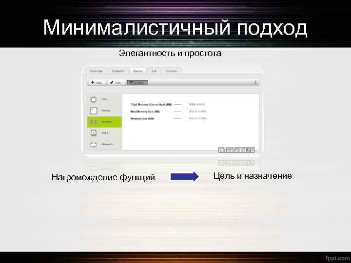 Минималистичный подход Элегантность и простота Нагромождение функций Цель и назначение 