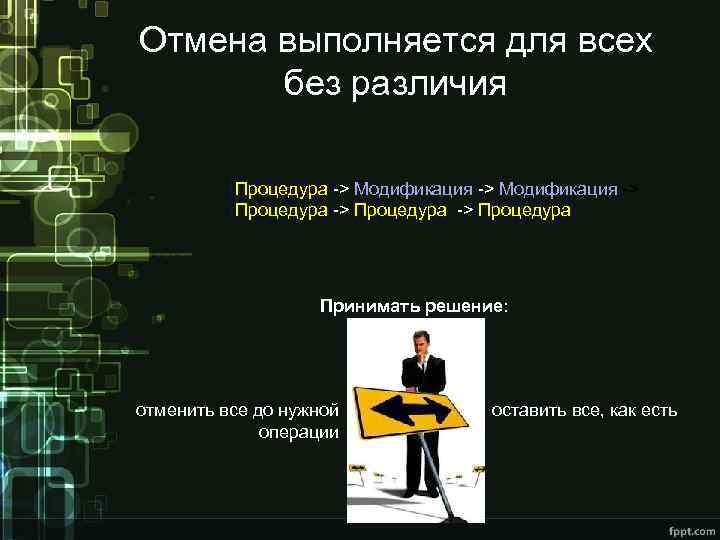 Отмена выполняется для всех без различия Процедура -> Модификация -> Процедура Принимать решение: отменить