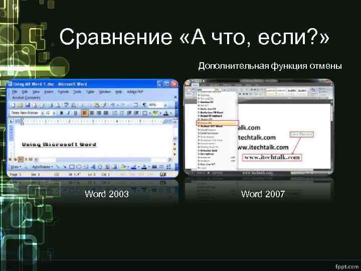 Сравнение «А что, если? » Дополнительная функция отмены Word 2003 Word 2007 