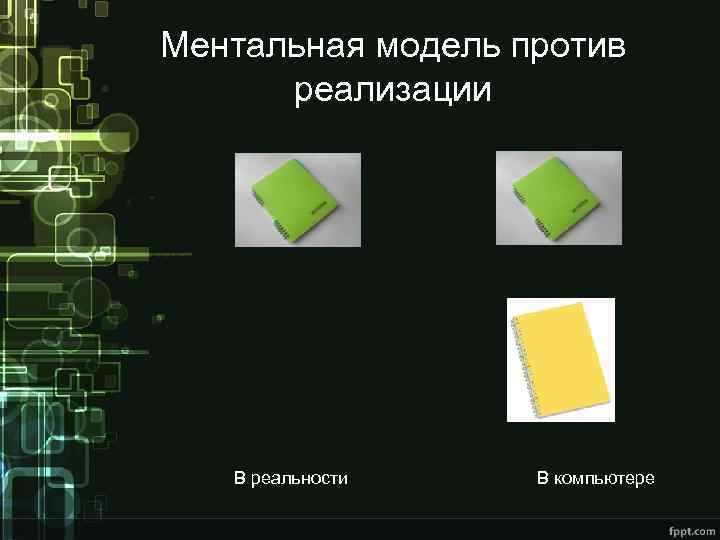 Ментальная модель против реализации В реальности В компьютере 