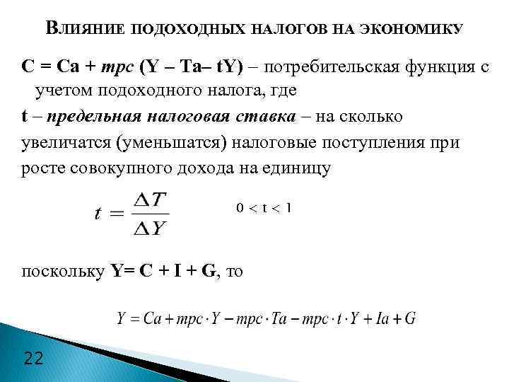 ВЛИЯНИЕ ПОДОХОДНЫХ НАЛОГОВ НА ЭКОНОМИКУ C = Cа + mpc (Y – Ta– t.