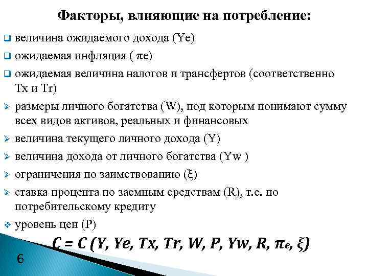 Факторы, влияющие на потребление: величина ожидаемого дохода (Ye) q ожидаемая инфляция ( πe) q