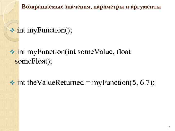 Возвращаемые значения, параметры и аргументы v int my. Function(); v int my. Function(int some.