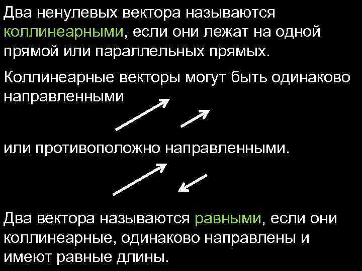 Два ненулевых вектора называются коллинеарными, если они лежат на одной прямой или параллельных прямых.