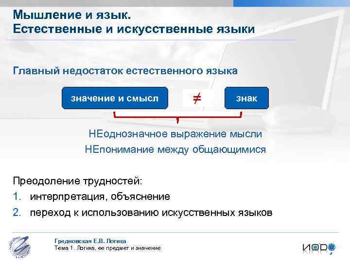 Мышление и язык. Естественные и искусственные языки Главный недостаток естественного языка значение и смысл