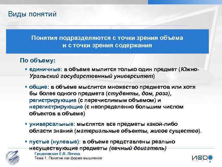 Виды понятий Понятия подразделяются с точки зрения объема и с точки зрения содержания По