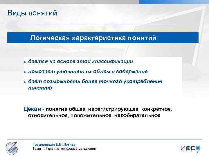 Виды понятий Логическая характеристика понятий ь дается на основе этой классификации ь помогает уточнить