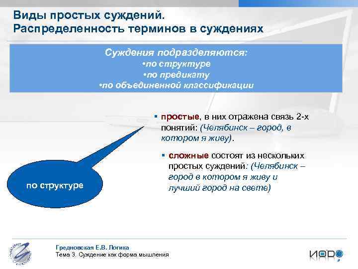 Виды простых суждений. Распределенность терминов в суждениях Суждения подразделяются: • по структуре • по