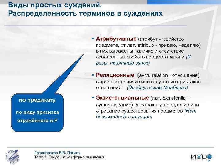 Виды простых суждений. Распределенность терминов в суждениях § Атрибутивные (атрибут - свойство предмета, от