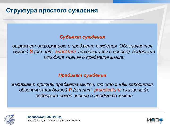 Структура простого суждения Субъект суждения выражает информацию о предмете суждения. Обозначается буквой S (от