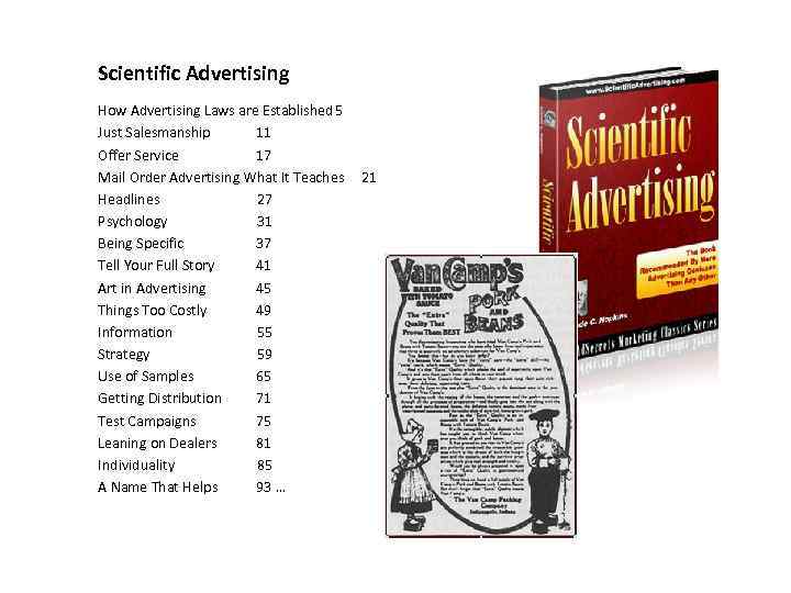 Scientific Advertising How Advertising Laws are Established 5 Just Salesmanship 11 Offer Service 17