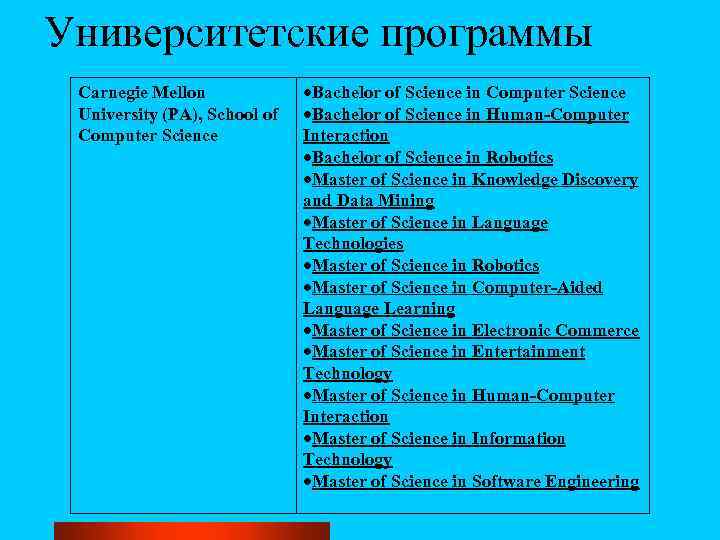 Университетские программы Carnegie Mellon University (PA), School of Computer Science Bachelor of Science in