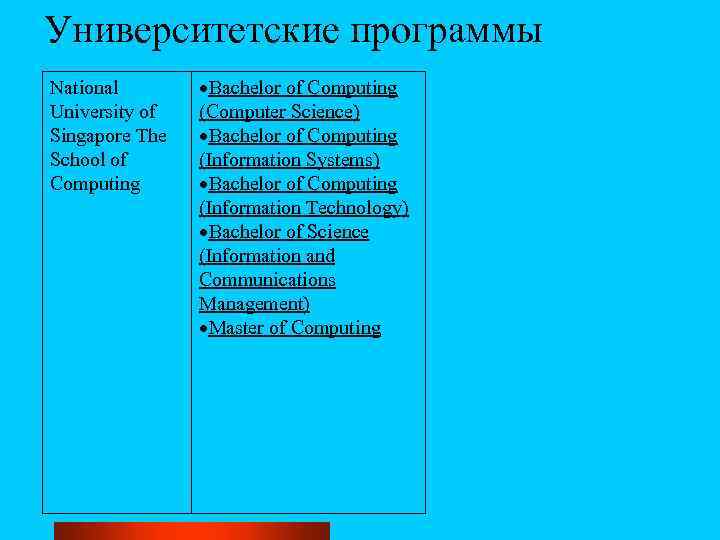 Университетские программы National University of Singapore The School of Computing Bachelor of Computing (Computer