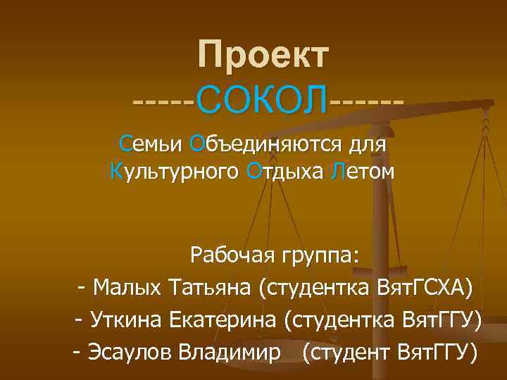 Проект -----СОКОЛ-----Семьи Объединяются для Культурного Отдыха Летом Рабочая группа: - Малых Татьяна (студентка Вят.