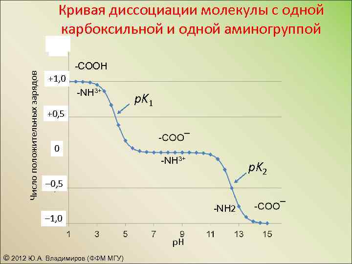 Кривая диссоциации молекулы с одной карбоксильной и одной аминогруппой Число положительных зарядов – 1,