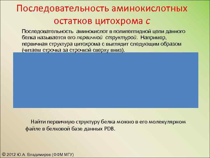 Последовательность аминокислотных остатков цитохрома с Последовательность аминокислот в полипептидной цепи данного белка называется его