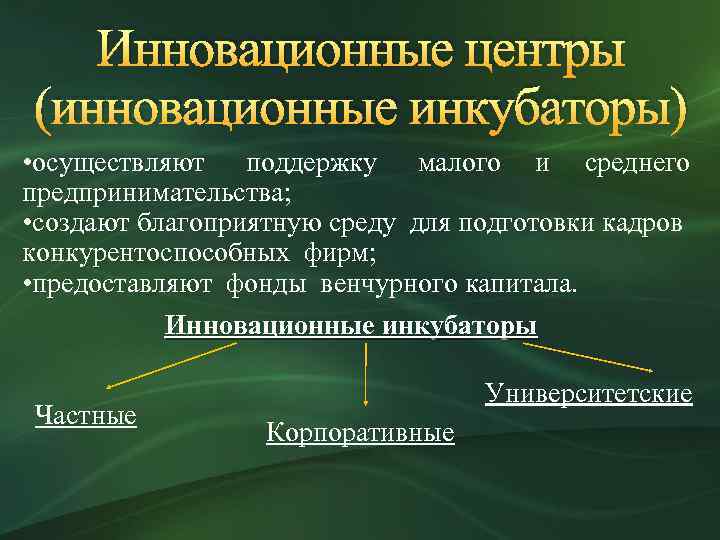 Инновационные центры (инновационные инкубаторы) • осуществляют поддержку малого и среднего предпринимательства; • создают благоприятную