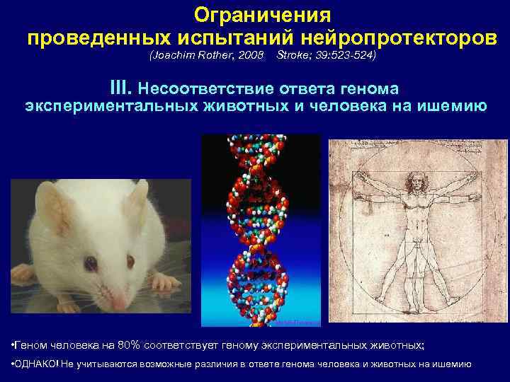 Ограничения проведенных испытаний нейропротекторов (Joachim Rother, 2008 Stroke; 39: 523 -524) III. Несоответствие ответа