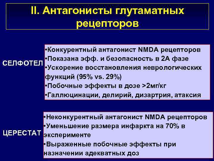 II. Антагонисты глутаматных рецепторов • Конкурентный антагонист NMDA рецепторов • Показана эфф. и безопасность