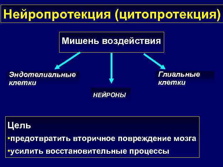 Нейропротекция (цитопротекция) Мишень воздействия Глиальные клетки Эндотелиальные клетки НЕЙРОНЫ Цель • предотвратить вторичное повреждение