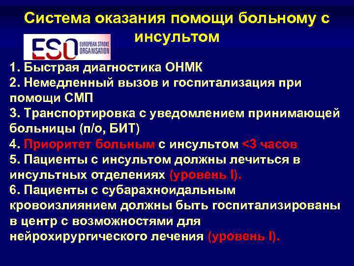 Система оказания помощи больному с инсультом 1. Быстрая диагностика ОНМК 2. Немедленный вызов и