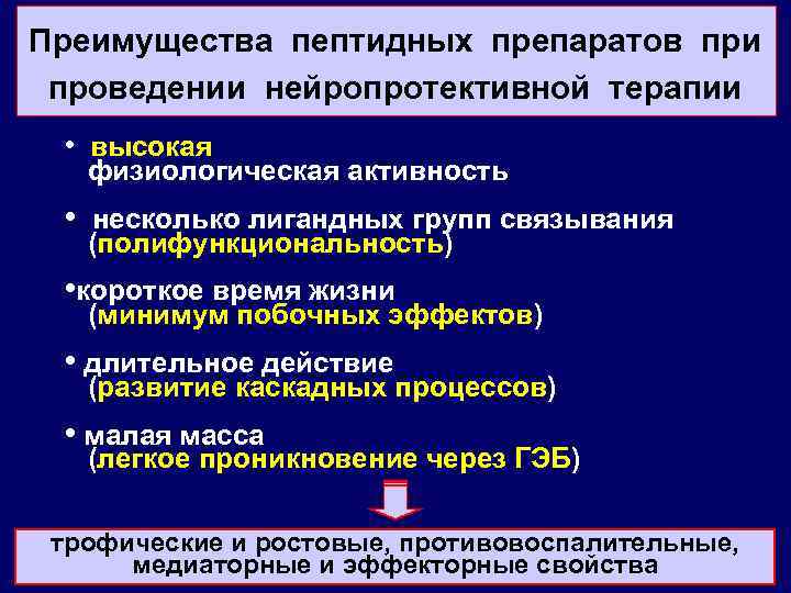 Преимущества пептидных препаратов при проведении нейропротективной терапии • высокая физиологическая активность • несколько лигандных