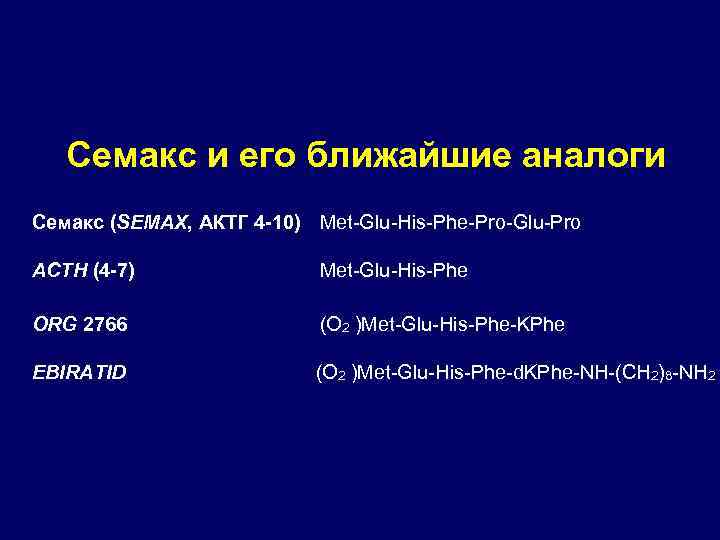 Семакс и его ближайшие аналоги Семакс (SEMAX, АКТГ 4 -10) Met-Glu-His-Phe-Pro-Glu-Pro ACTH (4 -7)